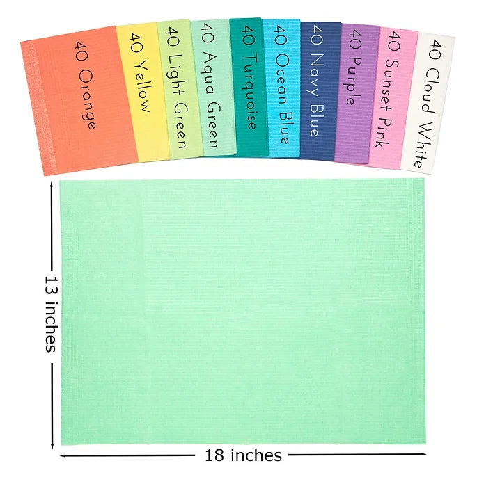 Rainbow Dental Bibs measure 13 inches by 18 inches and a box of 'Bow Bibs comes in 10 different colors